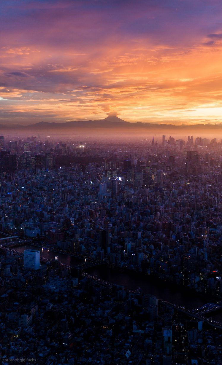 sunset, Mount Fuji, Cityscape, Horizon, Volcano, Clouds, Tokyo Prefecture HD Wallpaper Desktop Background