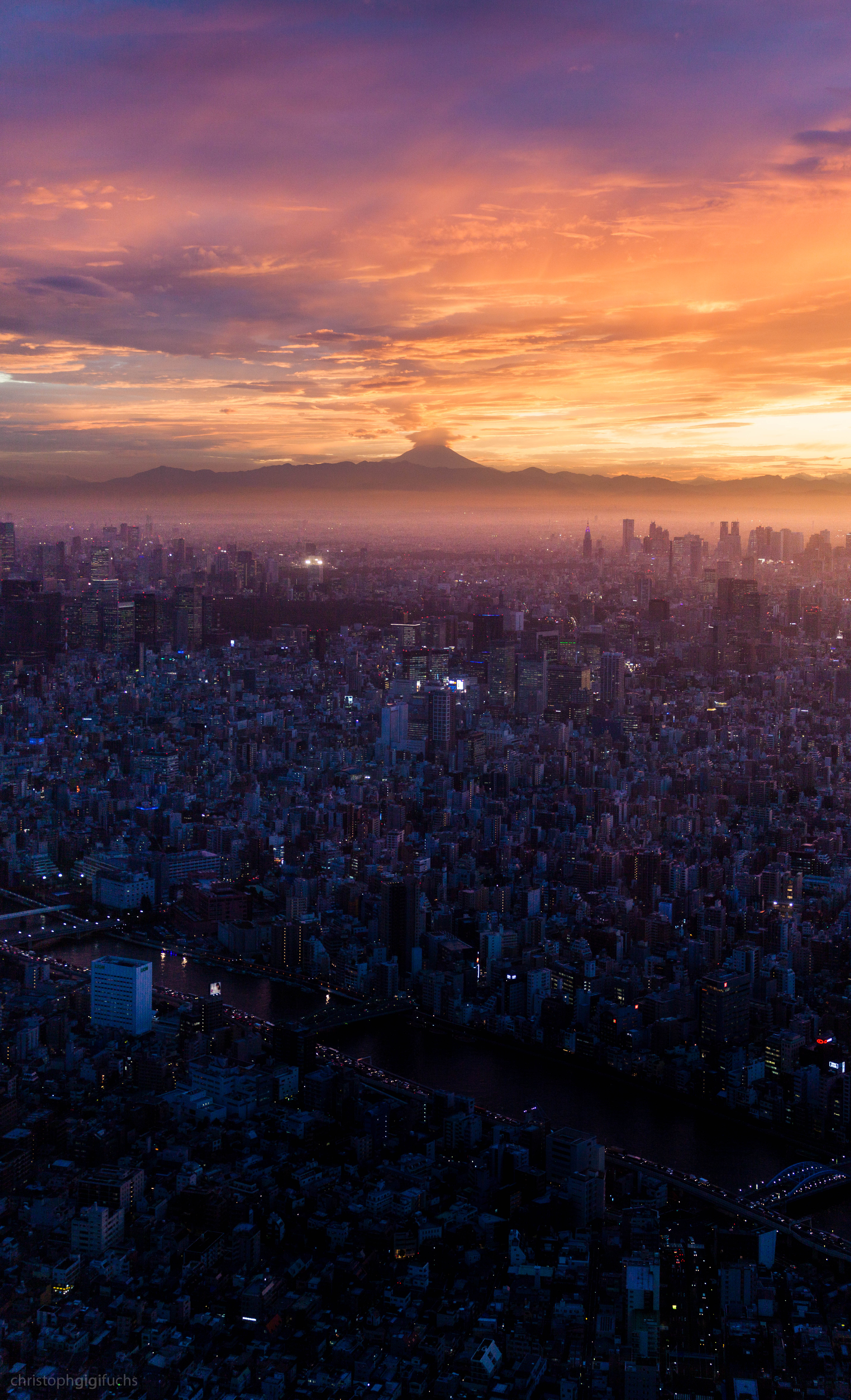 sunset, Mount Fuji, Cityscape, Horizon, Volcano, Clouds, Tokyo Prefecture Wallpaper