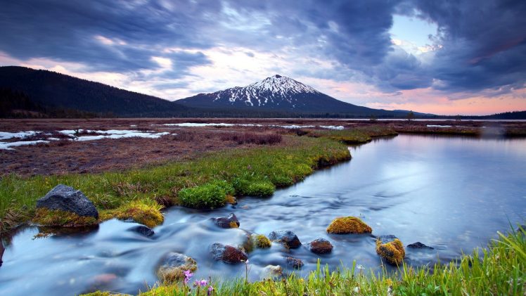 nature, Mountains, River, Clouds, Stones, Stone, Long exposure HD Wallpaper Desktop Background