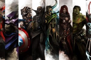 Iron Man, Thor, Hulk, Black Widow, Captain America, Hawkeye, Nick Fury, Loki
