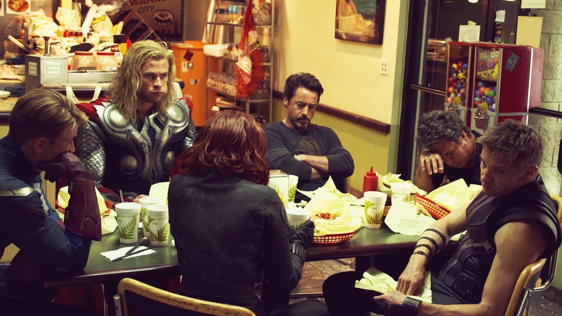 The Avengers, Hawkeye, Iron Man, Black Widow, Thor, Captain America, Bruce Banner, Tony Stark, Shawarma Wallpaper