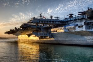 sunset, Military base, Military aircraft, Aircraft carrier, Ship, Water, USS Midway