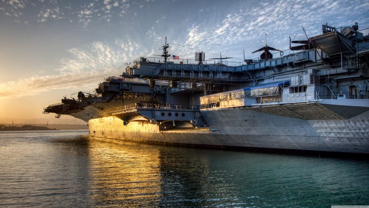 sunset, Military base, Military aircraft, Aircraft carrier, Ship, Water, USS Midway HD Wallpaper Desktop Background