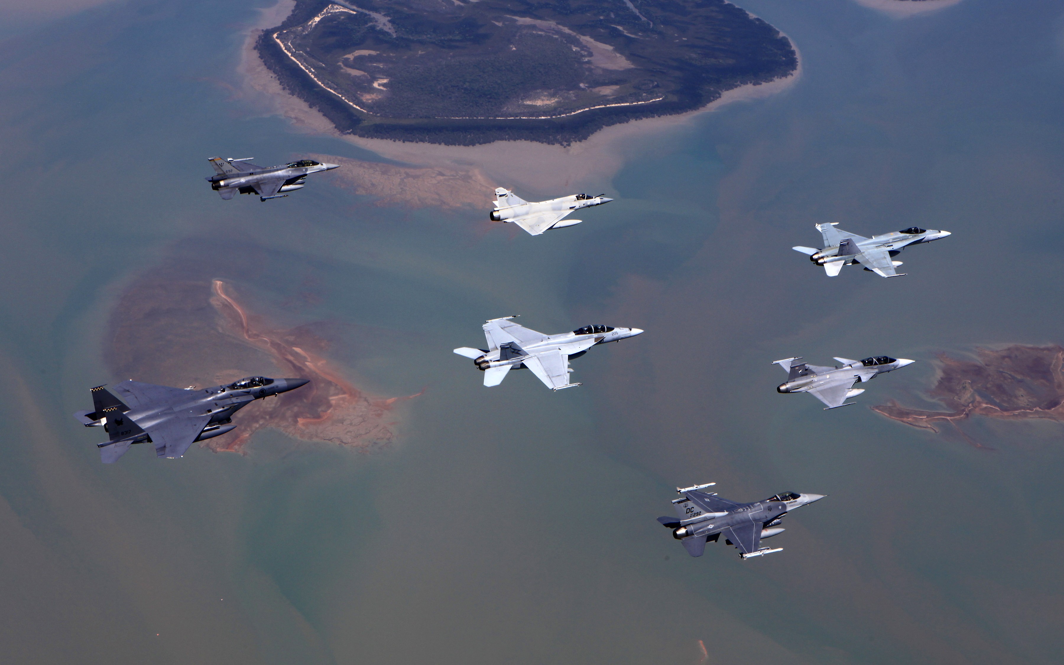 McDonnell Douglas F 15 Eagle, General Dynamics F 16 Fighting Falcon, McDonnell Douglas F A 18 Hornet, Dassault Mirage 2000N, JAS 39 Gripen, Military aircraft, Aircraft, Aerial view Wallpaper