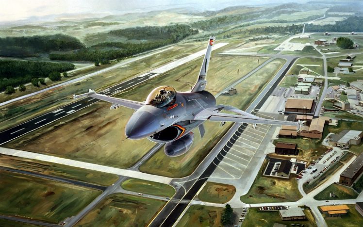 drawing, Aircraft, Military aircraft, Airfield, General Dynamics F 16 Fighting Falcon, Airport, Car HD Wallpaper Desktop Background