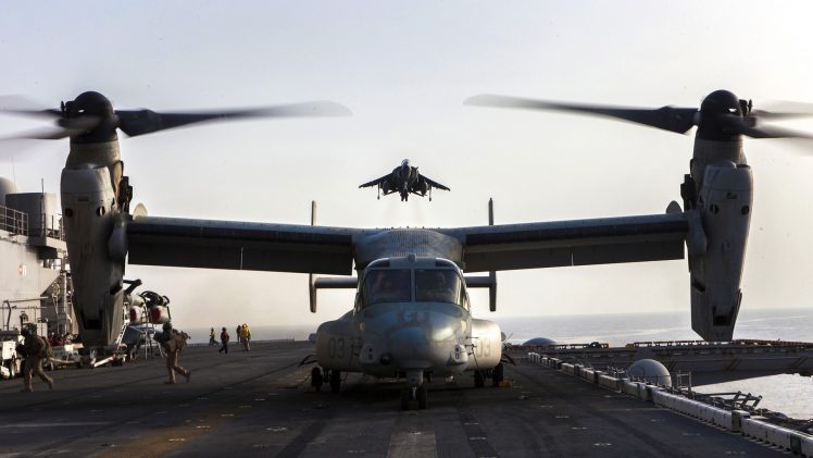 military aircraft, Aircraft carrier, Boeing Bell V 22 Osprey, Aircraft, AV 8B Harrier II HD Wallpaper Desktop Background