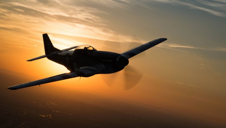 military aircraft, Aircraft, Sunset, Silhouette, North American P 51 Mustang HD Wallpaper Desktop Background