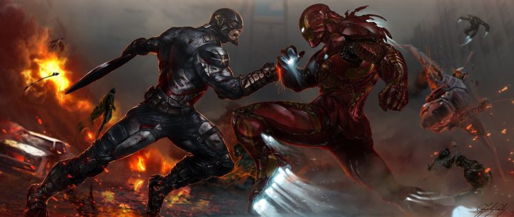 Captain America, Iron Man, Artwork, Fighting HD Wallpaper Desktop Background