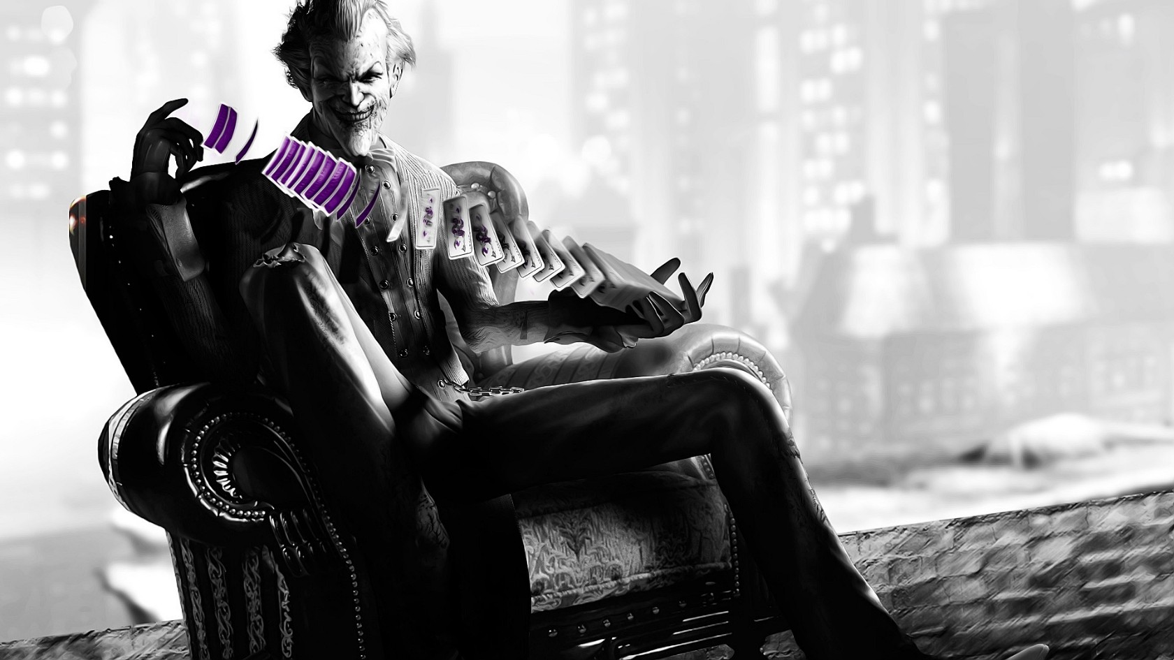Joker, Couch, Armchairs, Cards, Video games, Movies, Batman, Selective coloring Wallpaper