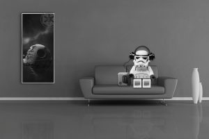 stormtrooper, Star Wars, LEGO Star Wars, Couch, Headphones, Music, Living rooms, Death Star, Reflection