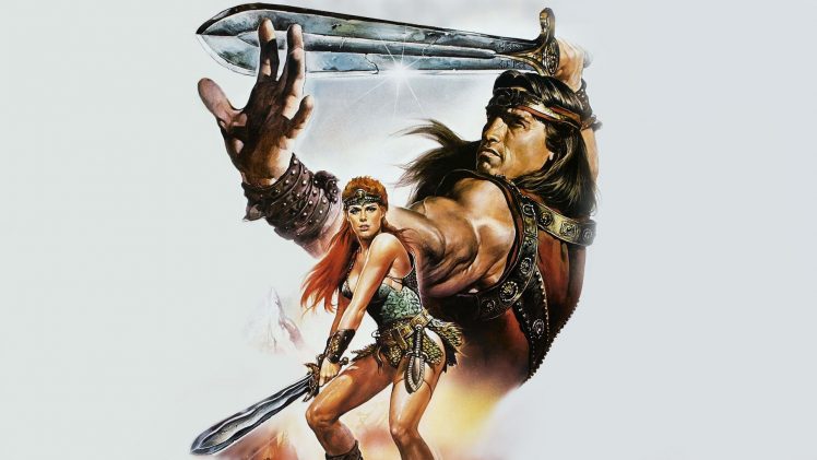 Arnold Schwarzenegger, Brigitte Nielsen, Warrior, Red sonja, Conan the Barbarian, Sword, Movies HD Wallpaper Desktop Background