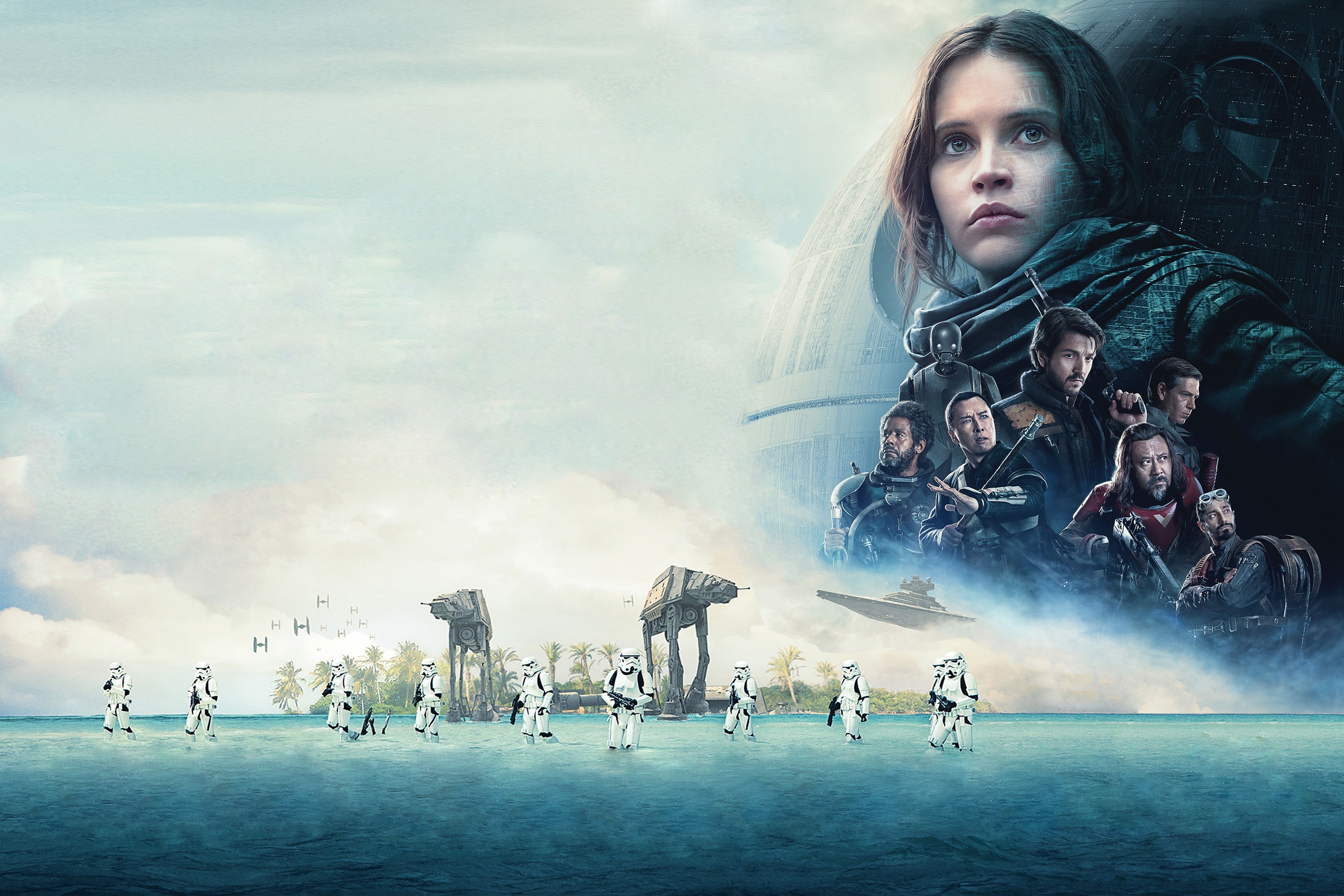 Jyn Erso, Darth Vader, Storm Troopers, Felicity Jones, Star Wars, Rebel Alliance, AT AT, Death Star, Movies, Rogue One: A Star Wars Story Wallpaper