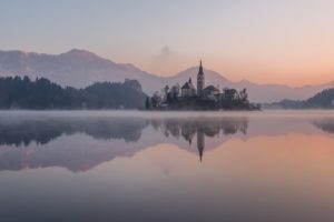modern, Old building,  dawn, Dusk, Mist, Forest, Mountains, Lake, Island, River, Sky, Water, Outdoors, Reflection, Sunset, Pine trees, Slovenia, Lake Bled
