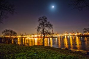 city, Sky, Moon, Grass, Lights, Harbor, Ports, Outdoors, River, Water, Night