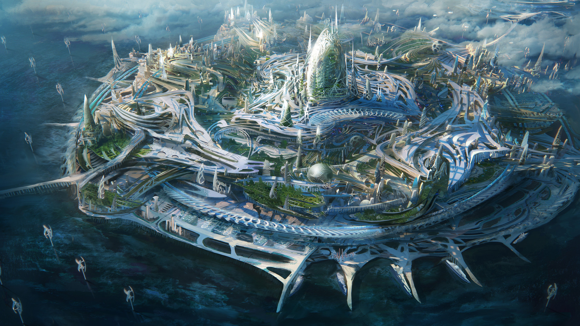 digital art, Science fiction, Island, Futuristic city Wallpaper