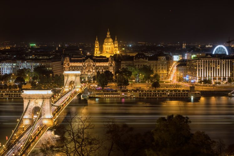 Budapest, Night, Bridge, Cityscape, Donau, Chain Bridge, Long exposure, Hungary HD Wallpaper Desktop Background