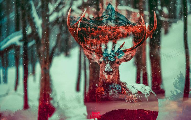 deer, Digital art, Forest, Animals, Mountains, Matterhorn HD Wallpaper Desktop Background