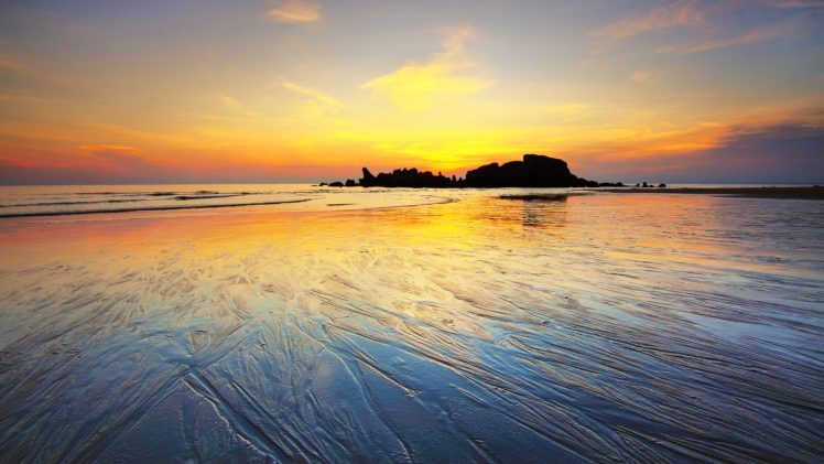 nature, Landscape, Sea, Waves, Beach, Rock formation, Sunset, Horizon, Clouds HD Wallpaper Desktop Background