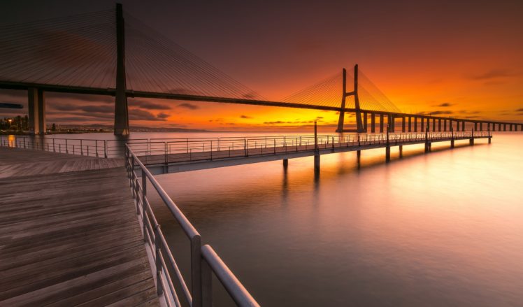 sunlight, Bridge, Sky, Water, Portugal, Vasco da Gama Bridge HD Wallpaper Desktop Background