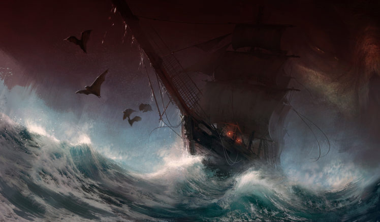 Joakim Ericsson, Digital art, Artwork, Ship, Sea, Bats HD Wallpaper Desktop Background
