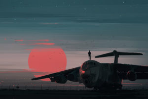 Aenami, Airplane, Digital art, Sunset, Sky, Birds, Landscape, Illustration, Red, Air, Sun, Il 76