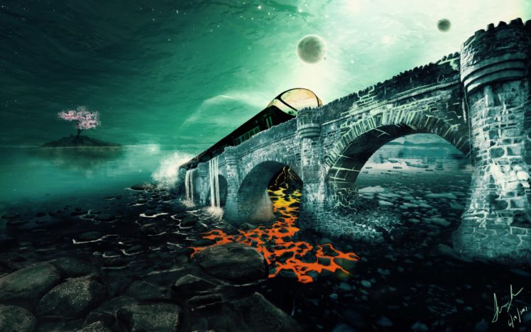 Ayn Rand, Surreal, Lava, Train, Water, Fantasy art, Digital art HD Wallpaper Desktop Background