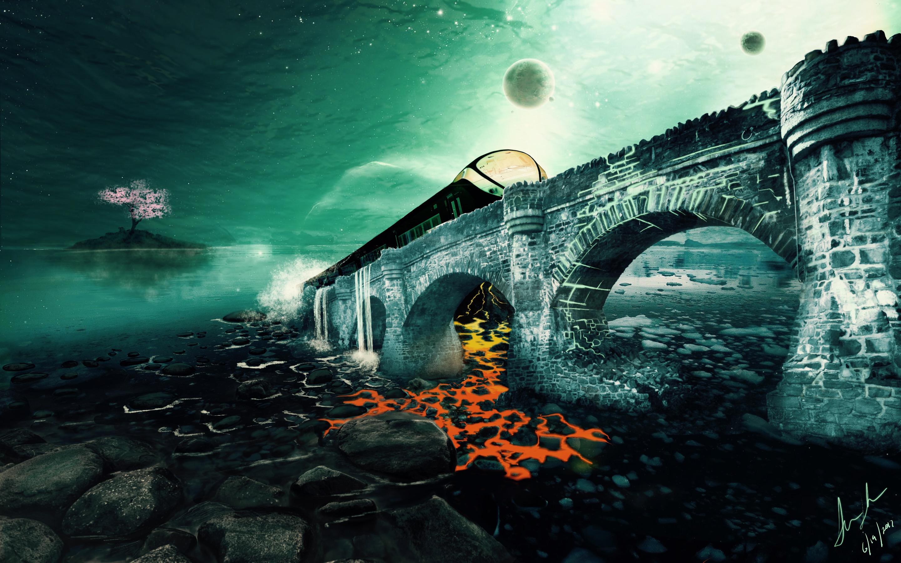 Ayn Rand, Surreal, Lava, Train, Water, Fantasy art, Digital art Wallpaper