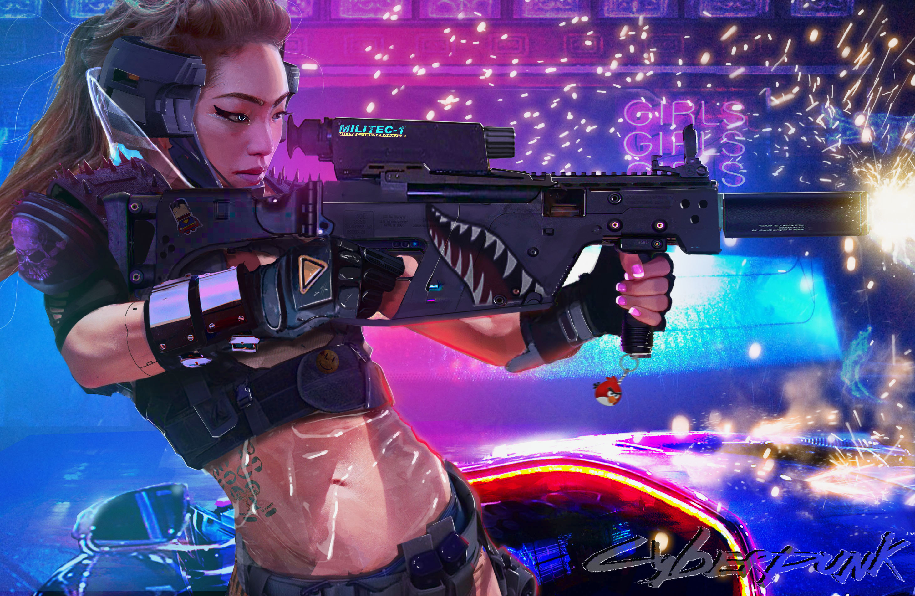 belly, Women, Science fiction, Cyberpunk, Digital art, Crop top Wallpaper