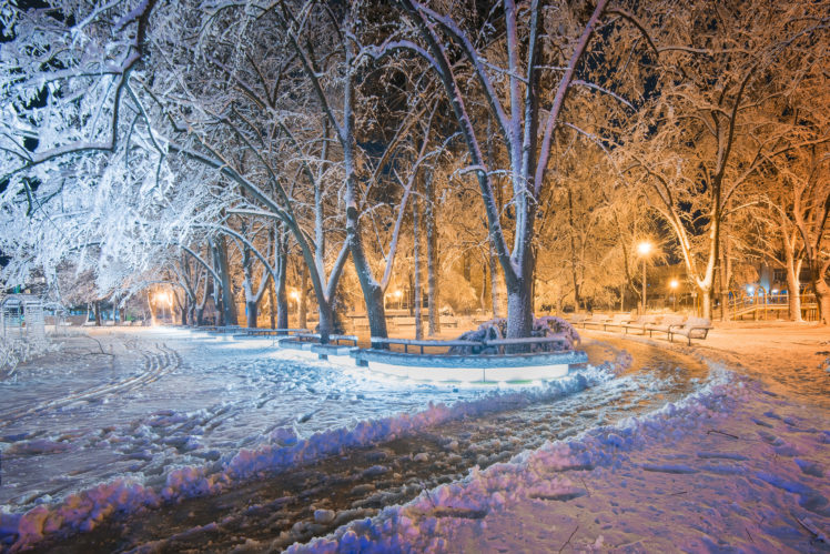 night, Snow, Park, Lights, Winter HD Wallpaper Desktop Background