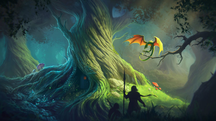 digital art, Forest, Dragon, Fantasy art HD Wallpaper Desktop Background