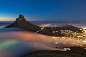 nature, Landscape, Mountains, Evening, Mist, National Geographic, Cityscape, City lights, Cape Town, South Africa, Sea, Horizon, Hill, Light trails, Trees