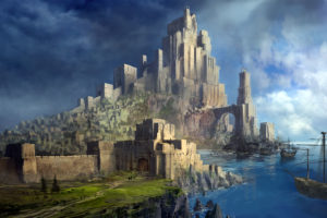 digital art, Fantasy art, Castle, Sailing ship, Sea, Clouds, Cliff, Monastery, Arch, Final Fantasy, Cornelia, Video games, Wall