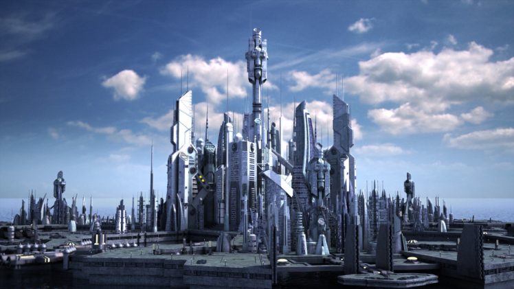 digital art, Fantasy art, Futuristic, Futuristic city, Building, Skyscraper, Clouds, City, Stargate Atlantis, Fan art, Video games, Science fiction HD Wallpaper Desktop Background
