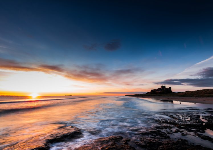 England, Nature, Sea, Sky, Sunlight, Sunrise, Castle, Bamburgh castle HD Wallpaper Desktop Background