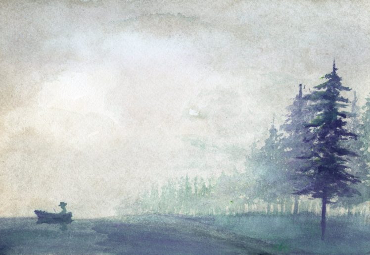 trees, Snow, Mist, Lake, Artwork, Painting, Traditional art HD Wallpaper Desktop Background