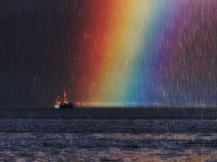 artwork, Rainbows, Sea, Rain, Colorful, Vehicle, Ship HD Wallpaper Desktop Background