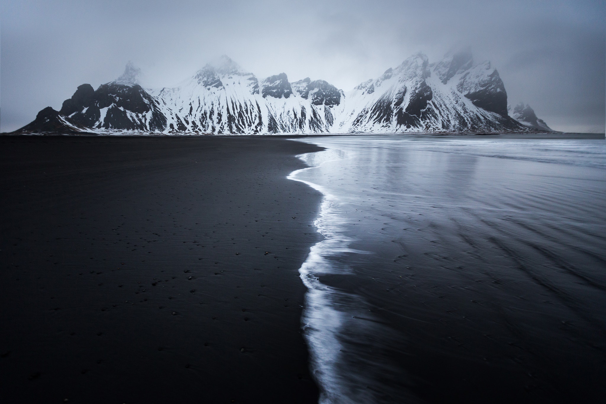 landscape, Mountains, Sea, Monochrome, Black sand, Nature, Beach, Coast