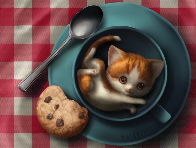 Malwina Kwiatkowska, Cat, Cookies, Drawing, Illustration, Humor HD Wallpaper Desktop Background