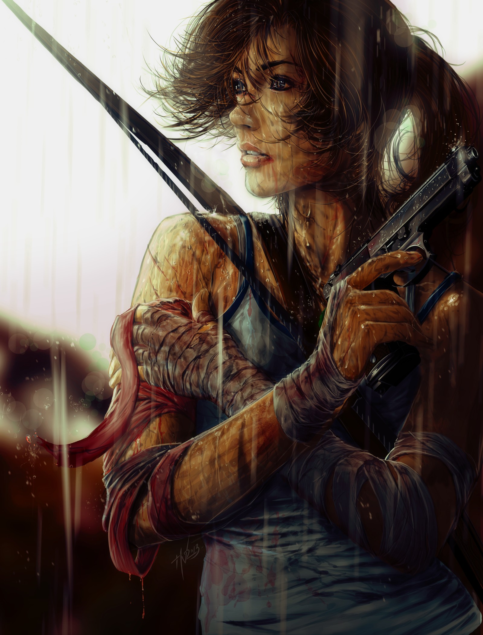 Lara Croft, Tomb Raider, Rain, Bandage Wallpaper