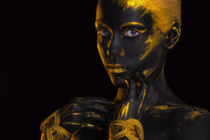 women, Hands, Blue eyes, Digital art, Gold, Dark, Portrait, Colorful