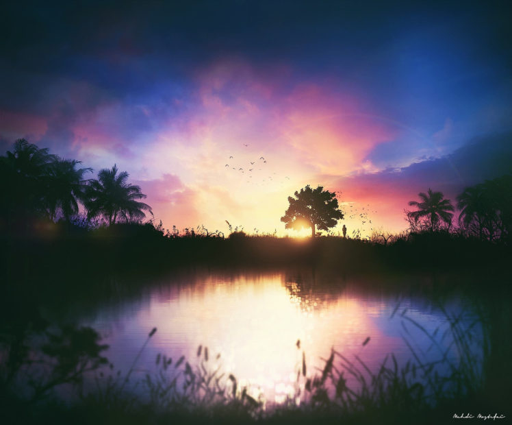 Mehdi Mostefaï, Digital art, 500px, Nature, Reflection, Sky, Fantasy art HD Wallpaper Desktop Background