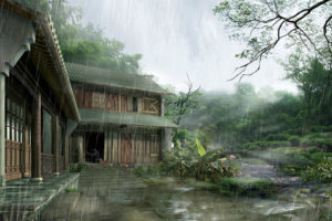 landscape, House, Rain