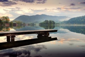 nature, Landscape, Guatemala, South America, Water, Lake, Pier, Cabin, Trees, Forest, Hills, Clouds, Reflection, Mist