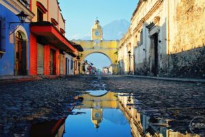 people, Guatemala, South America, Town, Street, Water, Cobblestone, Clocktowers, Old building, House, Arch, Mountains, Reflection, Watermarked
