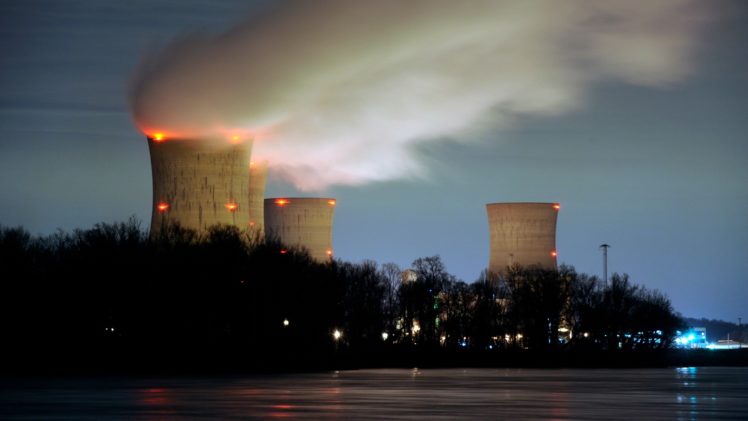 nuclear power plant, Smoke, Power plant, Cooling towers, Environment, Trees, Long exposure, Lights, Water, Evening HD Wallpaper Desktop Background