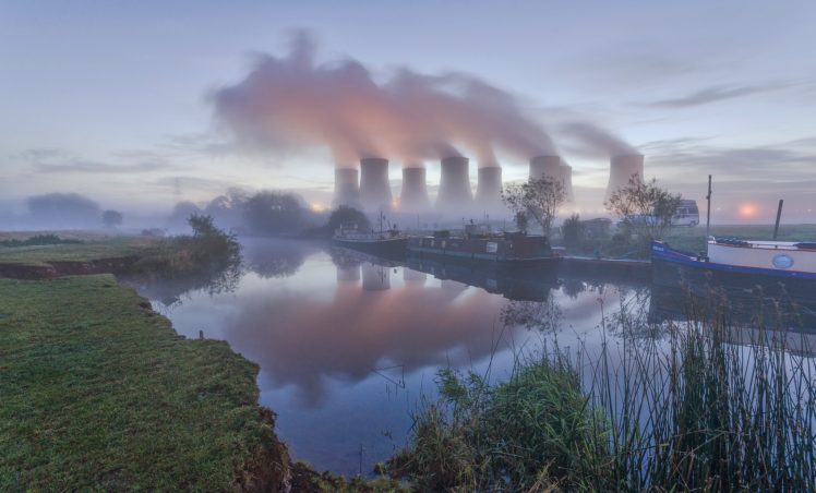 nuclear power plant, Smoke, Power plant, Cooling towers, Environment, Trees, Long exposure, Water, Boat, Reflection, Grass, River, Mist HD Wallpaper Desktop Background