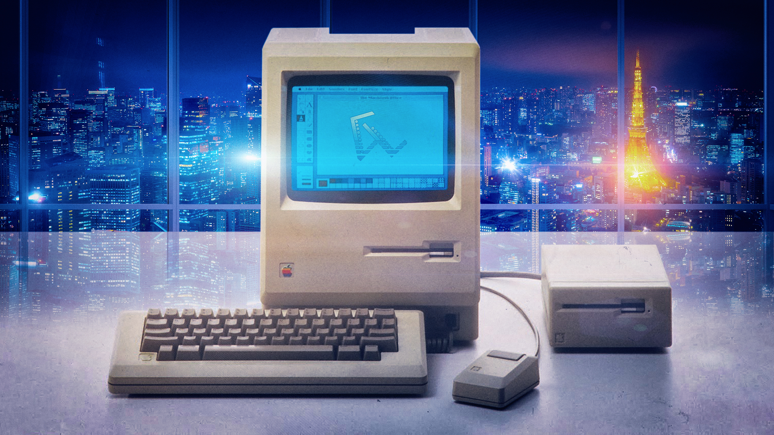 vaporwave, Macintosh, Tokyo Tower, Tokyo, Lens flare, Lights, Apple Inc. Wallpaper