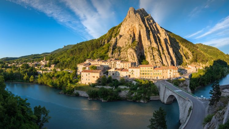 town, Bridge, River, Hill, France, Sisteron HD Wallpaper Desktop Background