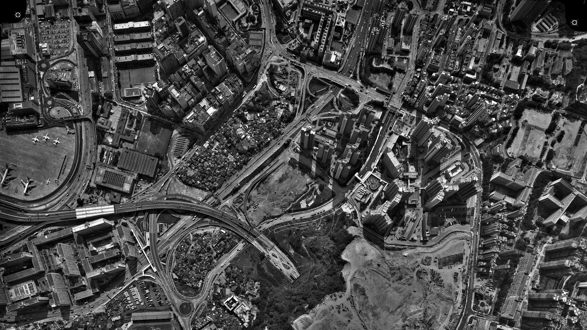 Hong Kong, Airport, Airplane, Tunnel, Highway, Aerial view, Monochrome, Building Wallpaper