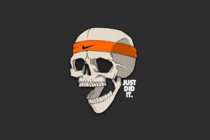 open mouth, Dead, Digital art, Skull, Simple background, Nike, Humor, Headband, Just Do It., Gray background